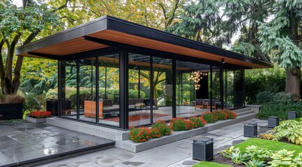 Fototapeta premium Luxurious morning outdoor garden design with teak wood deck and elegant black pergola, contemporary large glass windows surrounded by lush greenery, blending modern architecture minimalist design