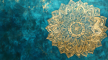 Intricate golden mandala design on a vibrant teal background, perfect for adding elegance to any project. Mandala Design. Illustration