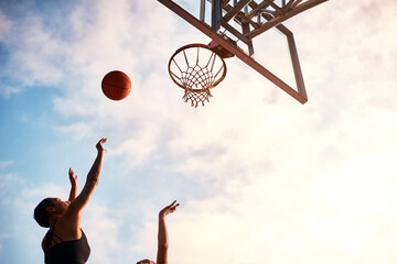 Basketball, women and shooting for exercise, competition and sports training with practice on...