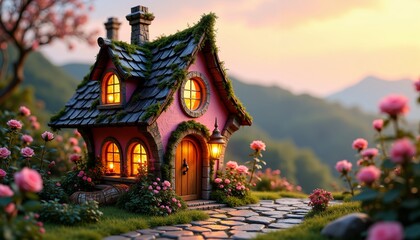 Fototapeta premium Whimsical Handmade Fairy-Tale House with Vibrant Garden Surroundings