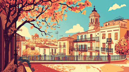 Cordoba, Argentina, french vintage Art Nouveau & Art Deco travel poster template. Cityscape and city skyline.Classic La Belle Epoque vichy art. Clear, simple, trendy