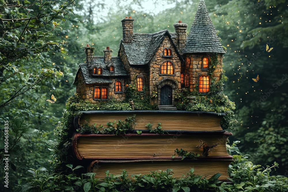 Poster a miniature stone cottage with lit windows perched atop a stack of ancient books, surrounded by lush