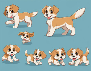 Obraz premium cartoon-style puppy with a playful and energetic personality, in multiple poses_ running, sitting, lying down, and wagging its tail, with a variety of expressions, from excited and happy to curious an