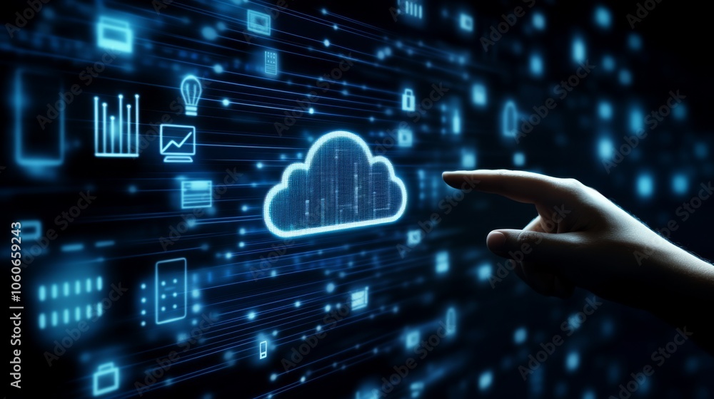 Poster a human hand interacts with a colorful interface of icons representing cloud storage and tech, symbo