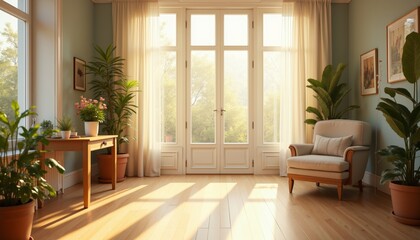 Cozy Indoor Scene with Vintage Table, Armchair, and Potted Plants