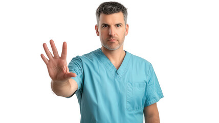Obraz premium male doctor in scrubs holds up his hand, signaling to stop. He appears serious and focused, conveying authority and professionalism