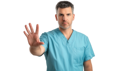 male doctor in scrubs holds up his hand, signaling to stop. He appears serious and focused, conveying authority and professionalism