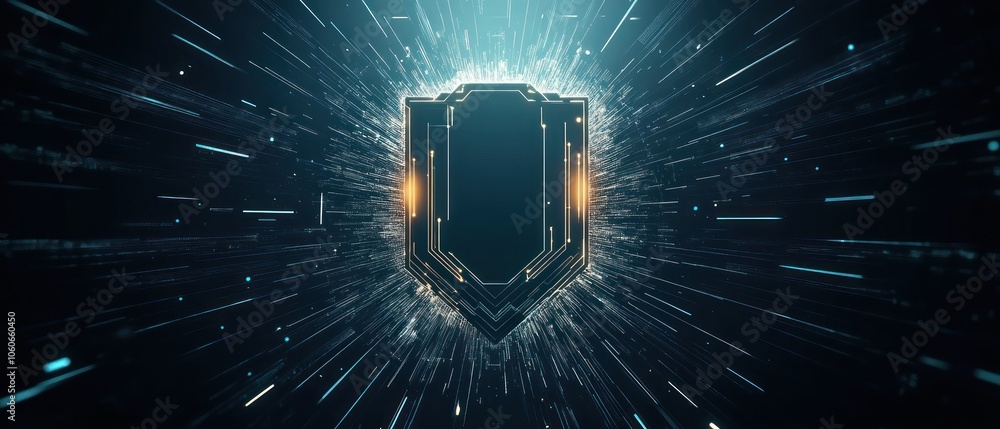 Poster a futuristic shield design with glowing elements and dynamic light effects.