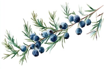 Watercolor Juniper Branch with Berries. Isolated Illustration of Evergreen Tree in Nature