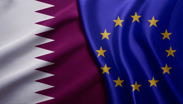 カタールの国旗と欧州旗。(Qatar flag and Europe flag.)
