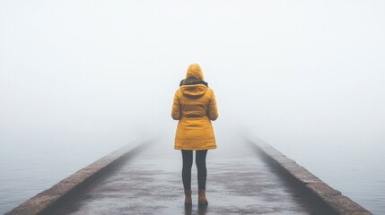 Solitary figure in yellow jacket standing on foggy pier