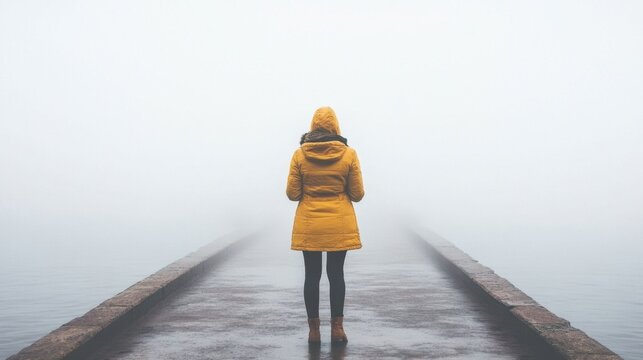 Fototapeta Solitary figure in yellow jacket standing on foggy pier