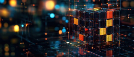 A digital cube in a futuristic, abstract environment with glowing elements.