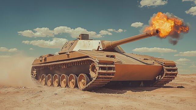 An abandoned tank slowly rusts away in the desert, its once formidable exterior now weathered and worn, serving as a haunting reminder of past conflicts in the unforgiving wasteland.