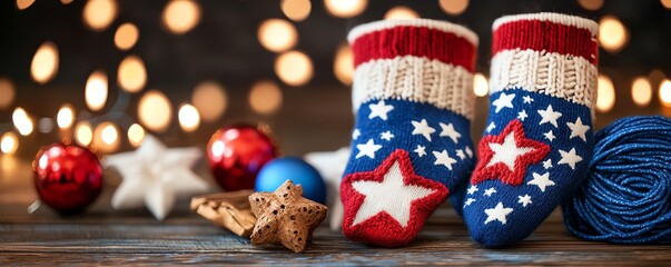A cozy holiday scene featuring patriotic mittens, colorful ornaments, and twinkling lights, evoking festive cheer and warmth.