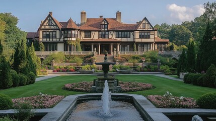 A large, beautiful house with a fountain in the front yard. The house is surrounded by a manicured lawn and gardens.