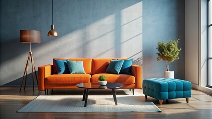 Modern Minimalist Silhouette of a Sleek Seating Area with Orange Couch and Blue Ottoman in Artistic Style