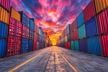 Fototapeta premium Vibrant sunset over a busy shipping yard filled with colorful containers at the harbor