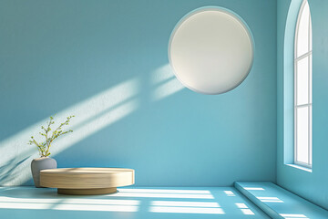 Empty blue room with window on the side