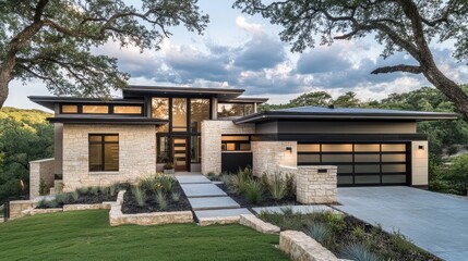A modern home with a stone facade and large windows, surrounded by lush landscaping.