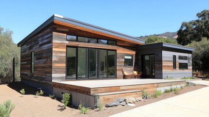 A modern home with rustic wood siding and a large deck.