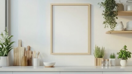 Fototapeta premium Minimalist kitchen countertop with a blank frame, potted plants, and wooden kitchenware.