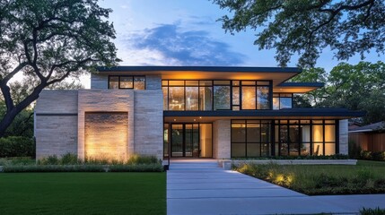 Fototapeta premium A modern, two-story home with a stone exterior and large windows, illuminated by warm light at dusk.