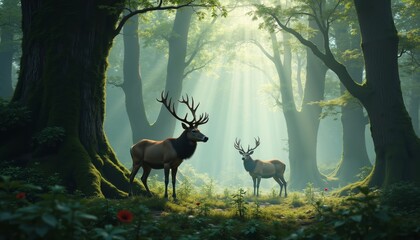 Majestic Stag in Mystical Forest Surrounded by Ancient Trees.