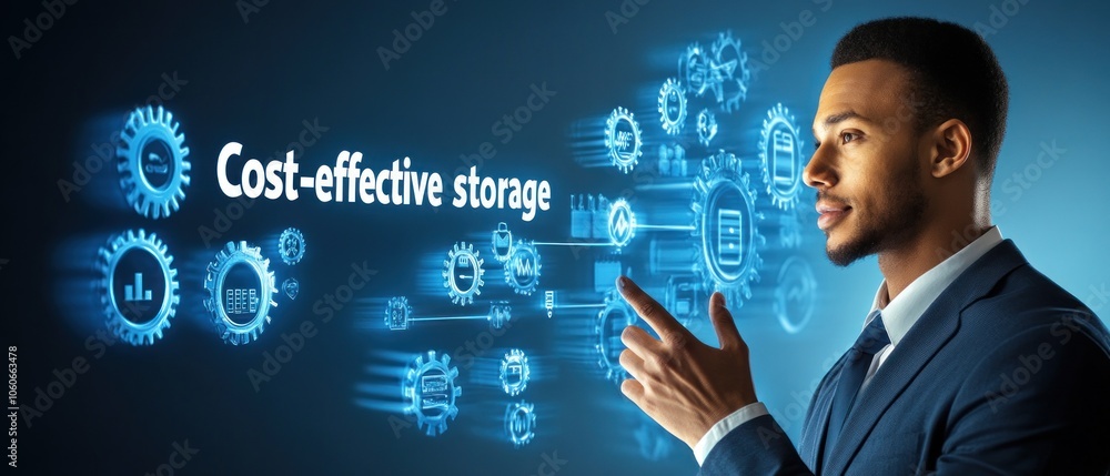 Poster a professional man discusses cost-effective storage with digital graphics in the background.