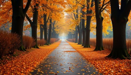 Tranquil Autumn Pathway Surrounded by Vibrant Leaves and Trees