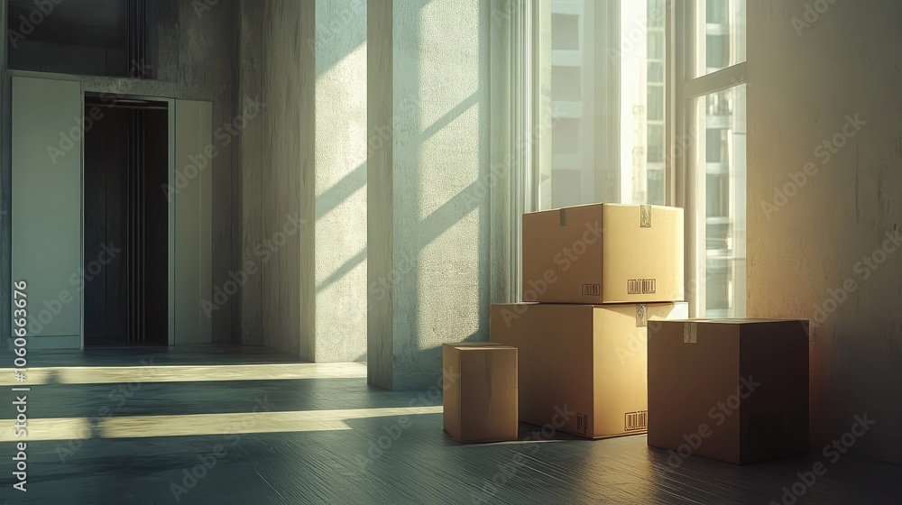 Poster a stack of cardboard boxes sit in an empty room, ready for moving day. the sunlight streaming throug