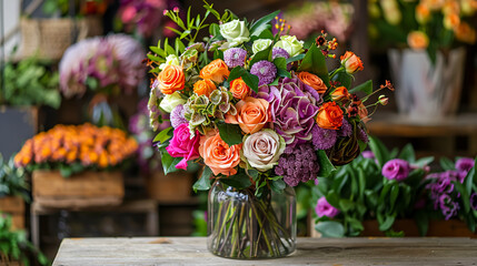 A vibrant bouquet of mixed flowers in a vase on a wooden table, showcasing the florist�s craftsmanship in a flower shop.