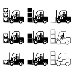 Set of Forklift transport icon, industry vehicle machine symbol, fork truck warehouse vector illustration