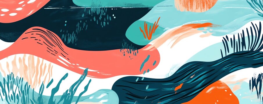 Paysage abstrait avec formes organiques en turquoise et corail sur fond blanc.