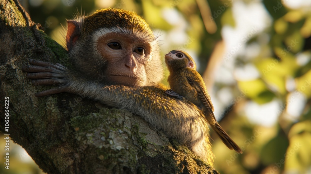 Poster a serene moment between a monkey and a small bird on a tree branch in natural light.