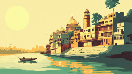 Dhaka, Bangladesh, french vintage Art Nouveau & Art Deco travel poster template. Cityscape and city skyline.Classic La Belle Epoque vichy art. Clear, simple, trendy