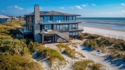 Modern beach house with a large deck overlooking the ocean.