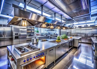 Modern Ventilation System in a Commercial Kitchen: Efficient Airflow, Culinary Environment, Industrial Design, Kitchen Equipment, Ventilation Ducts,