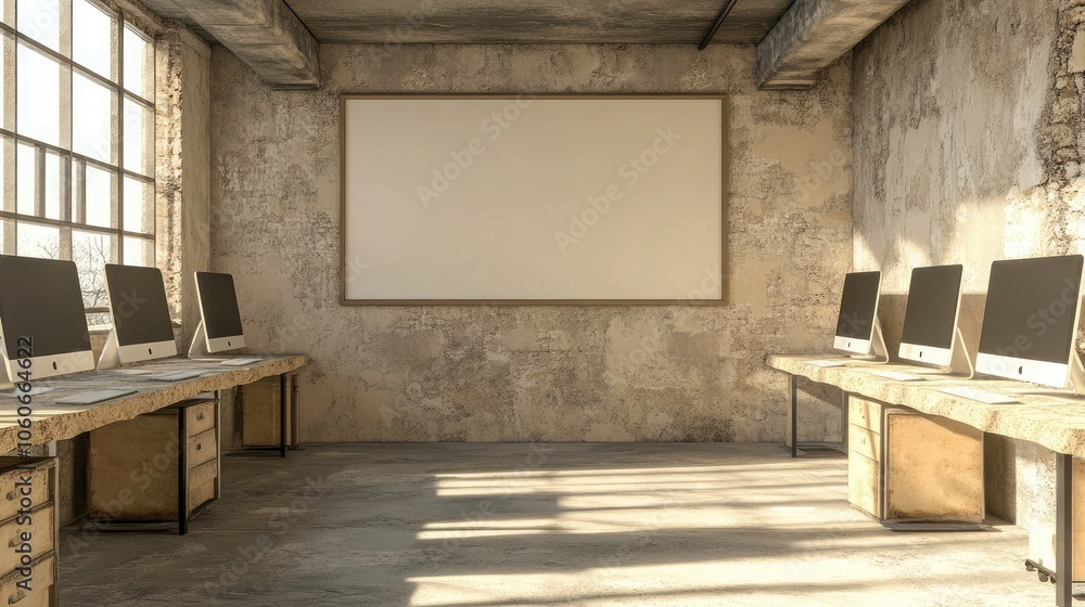 Poster a minimalist workspace with a blank canvas, perfect for displaying your ideas.