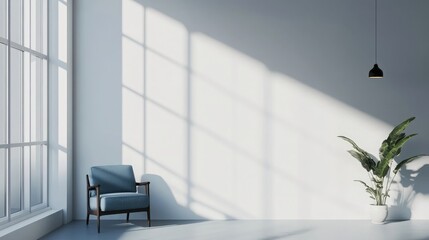 Fototapeta premium A minimalist living room with a blue armchair, a potted plant, and a pendant lamp. The sun casts a warm glow through the large window.