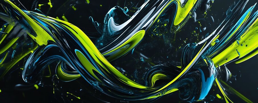 Composition abstraite de formes fluides en jaune fluo et bleu sur fond sombre.