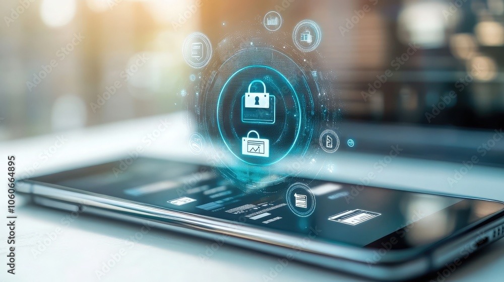 Poster a smartphone with a digital lock icon on the screen, representing online security and data protectio