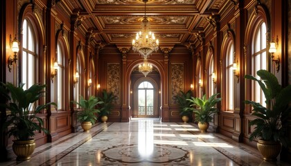 Fototapeta premium Grand Ornate Hallway with Intricate Architecture and Elegant Decor.