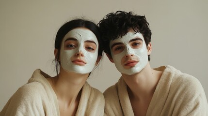 Obraz premium Couple relaxing with face masks and bathrobes at home