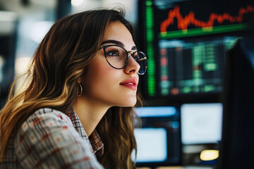 Young woman analyzing financial data in a modern office