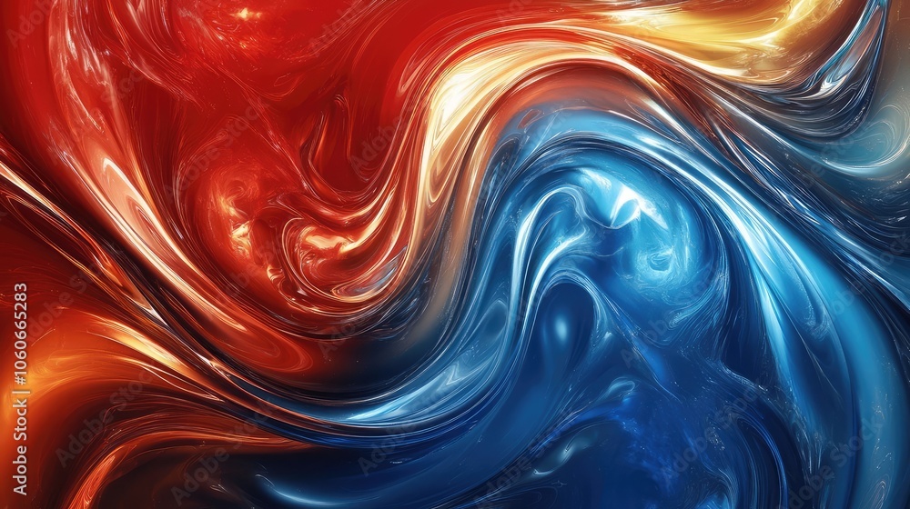 Poster abstract swirling pattern in shades of red, orange, and blue, creating a dynamic and visually captiv