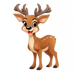 Happy cartoon deer with antlers standing cheerfully against a white background