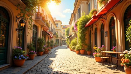 Fototapeta premium Quaint European Street with Charming Buildings and Colorful Plants.