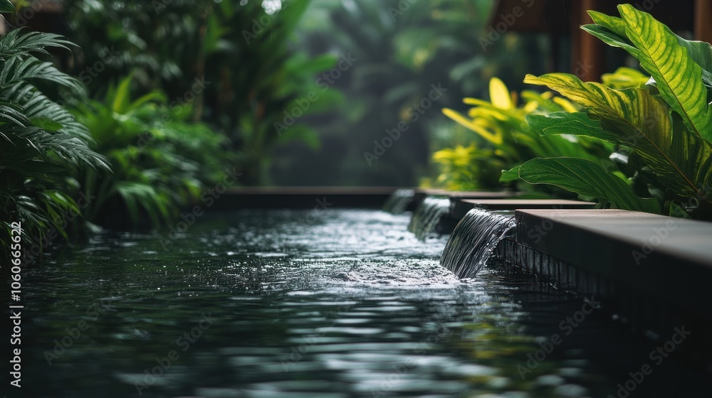 Poster a tranquil water feature surrounded by lush greenery, creating a serene atmosphere.