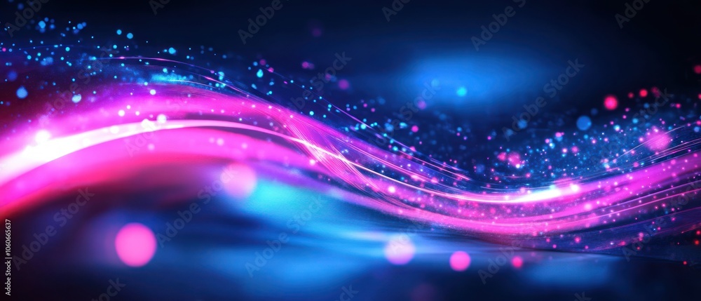 Poster abstract colorful waves with sparkling effects on a dark background.